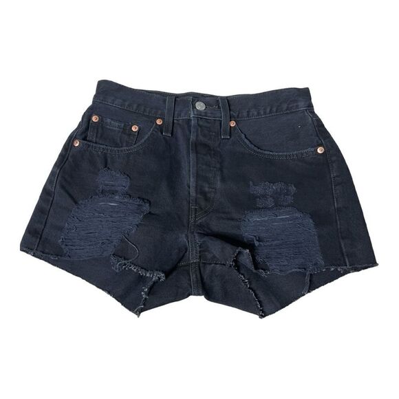 Levi’s Women’s 501 Black Distressed Ripped Raw Hem Jean Shorts Size 26 - Picture 1 of 6